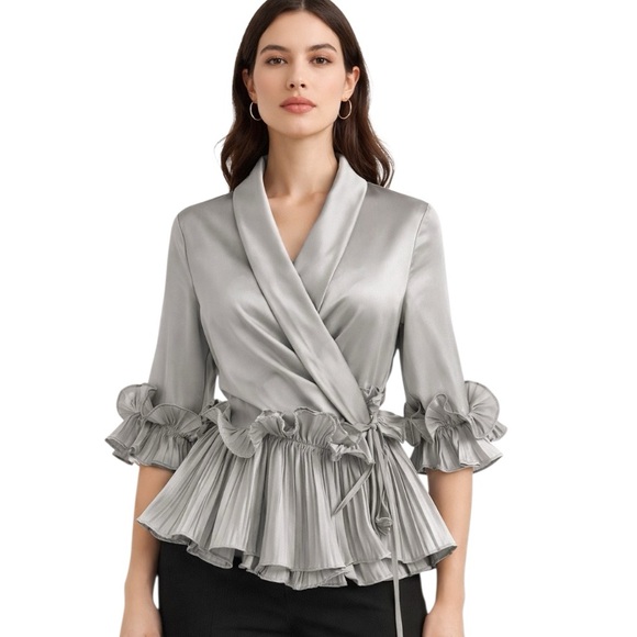 M Signature Label Collection Tops - Silver Ruffle Wrap Top The Lumeta